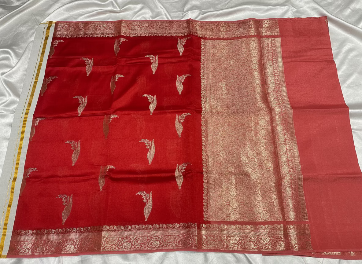 Bright Red Pure Chiniya Silk with Silver Floral Pattern with Contrast Border- Traditional Wear