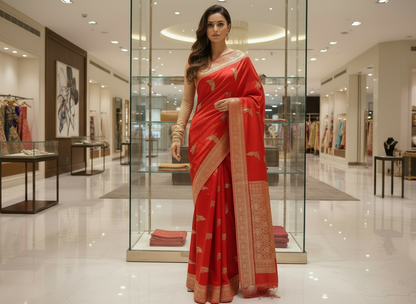 Bright Red Pure Chiniya Silk with Silver Floral Pattern with Contrast Border- Traditional Wear