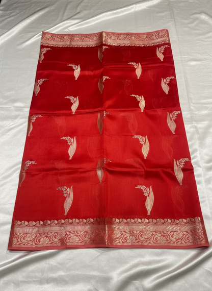 Bright Red Pure Chiniya Silk with Silver Floral Pattern with Contrast Border- Traditional Wear