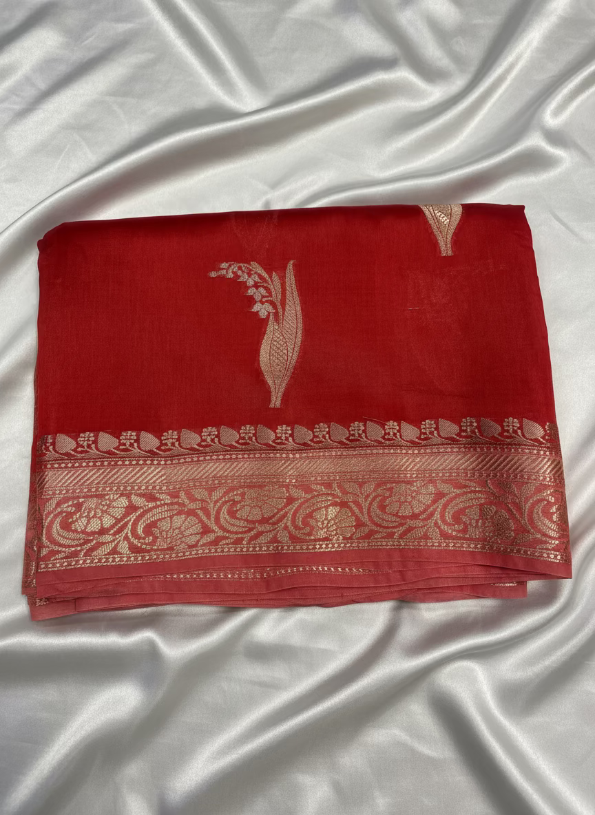 Bright Red Pure Chiniya Silk with Silver Floral Pattern with Contrast Border- Traditional Wear