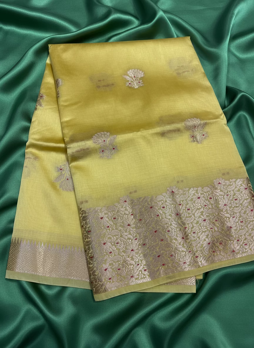 Lemon Yellow Pure Chiniya Silk with Silver Floral Pattern - Traditional Wear