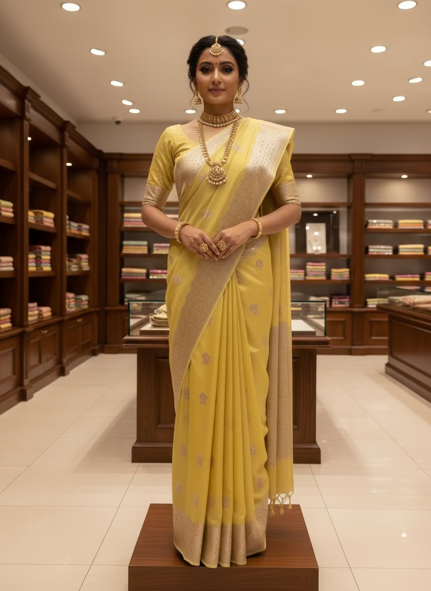 Lemon Yellow Pure Chiniya Silk with Silver Floral Pattern - Traditional Wear