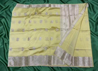 Lemon Yellow Pure Chiniya Silk with Silver Floral Pattern - Traditional Wear