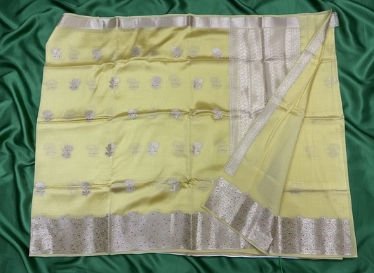 Lemon Yellow Pure Chiniya Silk with Silver Floral Pattern - Traditional Wear