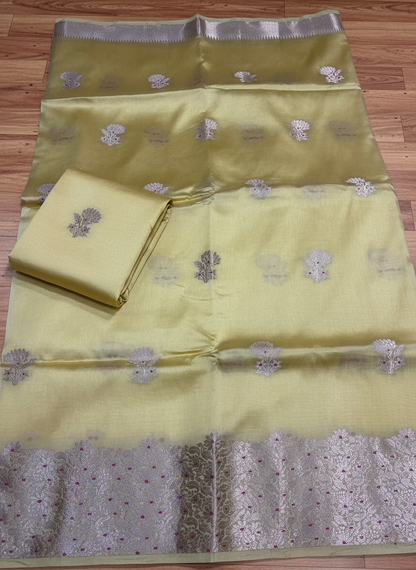 Lemon Yellow Pure Chiniya Silk with Silver Floral Pattern - Traditional Wear