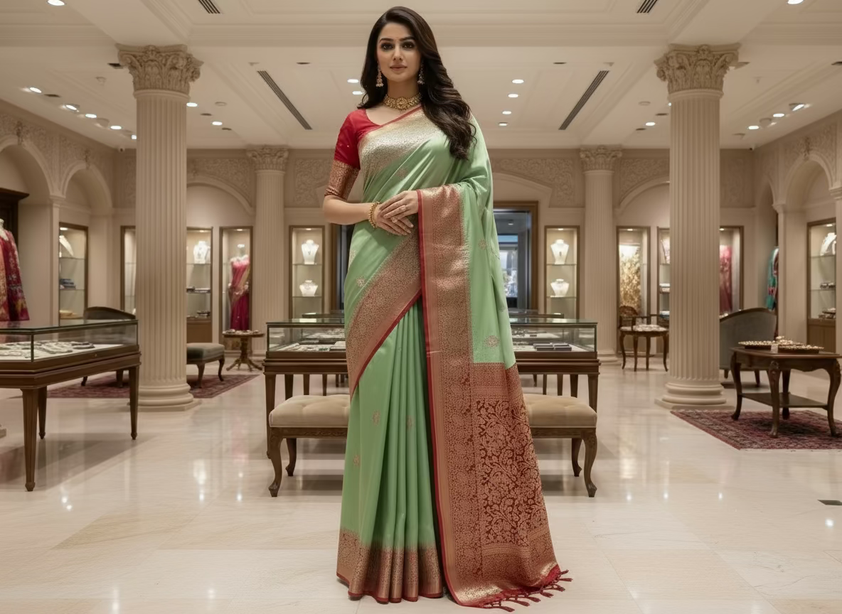 Pista Green Banarasi Pure Chiniya Silk with Double Zari Contrast Border - Traditional Wear