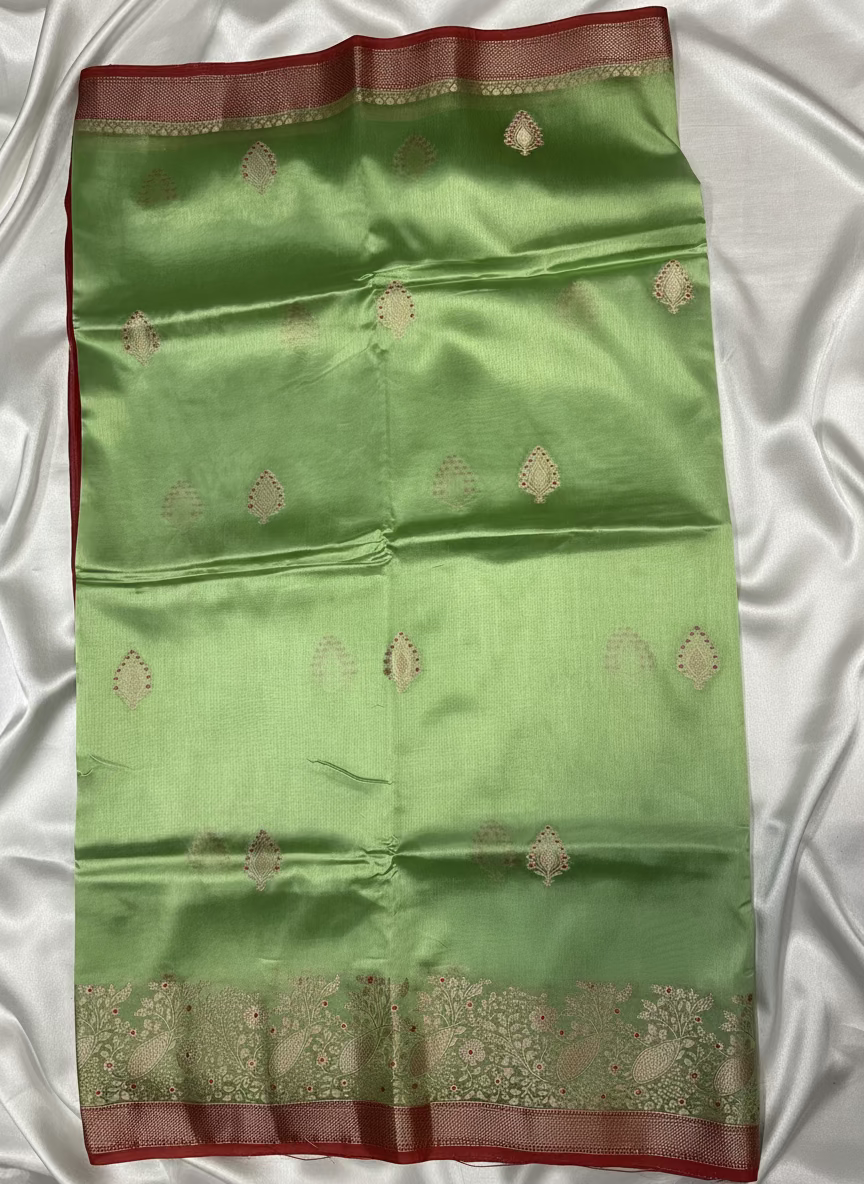 Pista Green Banarasi Pure Chiniya Silk with Double Zari Contrast Border - Traditional Wear