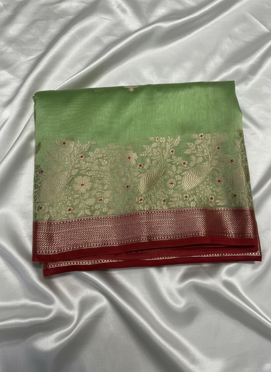 Pista Green Banarasi Pure Chiniya Silk with Double Zari Contrast Border - Traditional Wear