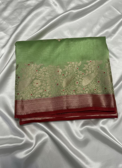 Pista Green Banarasi Pure Chiniya Silk with Double Zari Contrast Border - Traditional Wear