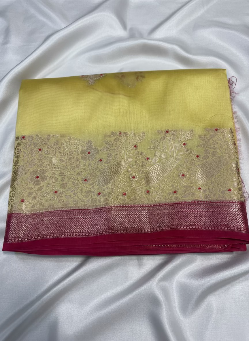 Lemon Yellow and Pink Pure Chiniya Silk with Double Zari Contrast Border - Traditional Wear