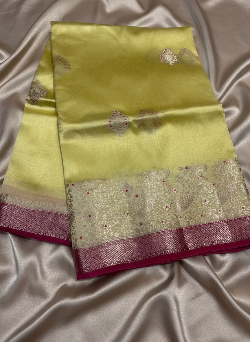 Lemon Yellow and Pink Pure Chiniya Silk with Double Zari Contrast Border - Traditional Wear