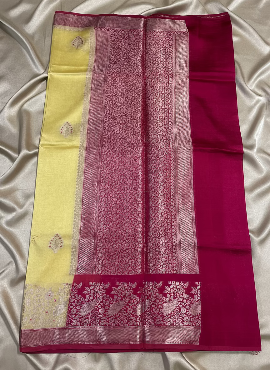 Lemon Yellow and Pink Pure Chiniya Silk with Double Zari Contrast Border - Traditional Wear