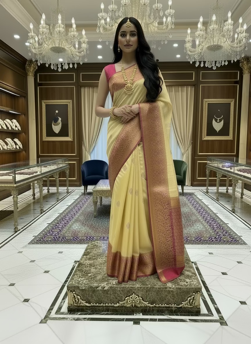 Lemon Yellow and Pink Pure Chiniya Silk with Double Zari Contrast Border - Traditional Wear