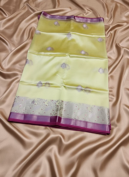 Lemon Yellow and Pink Pure Chiniya Silk with Double Zari Contrast Border - Traditional Wear