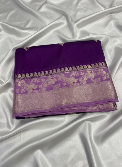 Purple Pure Chiniya Silk with Silver Floral Pattern - Traditional Wear