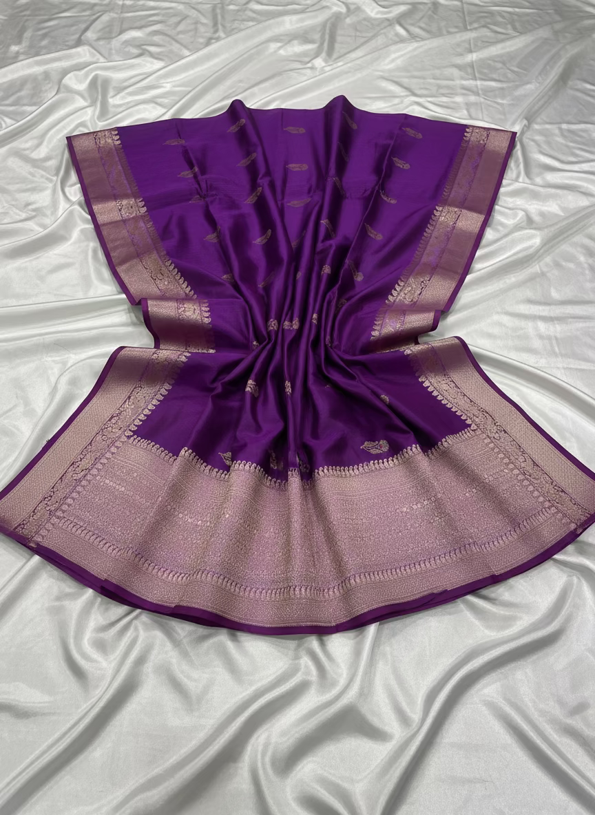 Purple Pure Chiniya Silk with Silver Floral Pattern - Traditional Wear