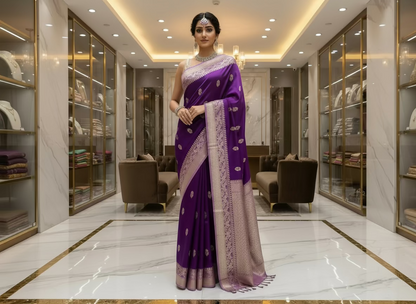 Purple Pure Chiniya Silk with Silver Floral Pattern - Traditional Wear