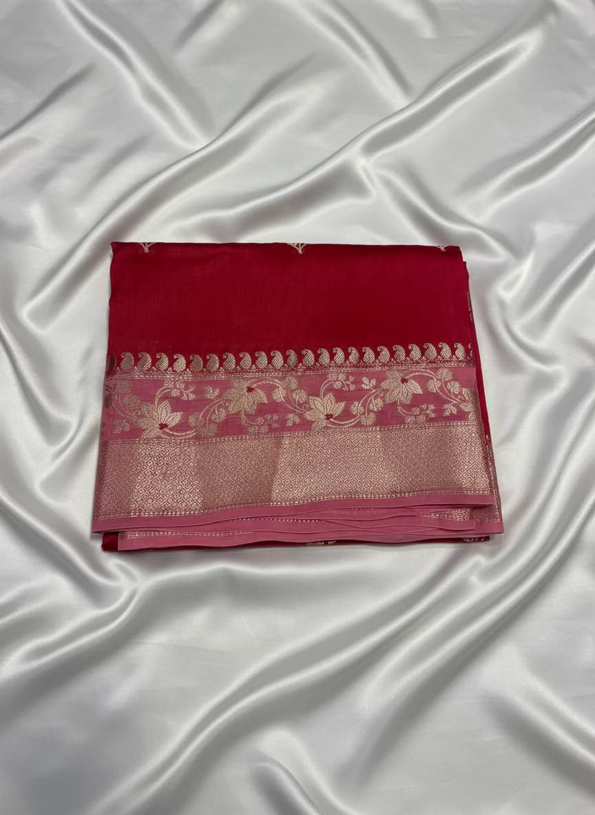 Red Pure Chiniya Silk with Silver Floral Pattern with Contrast Border - Traditional Wear