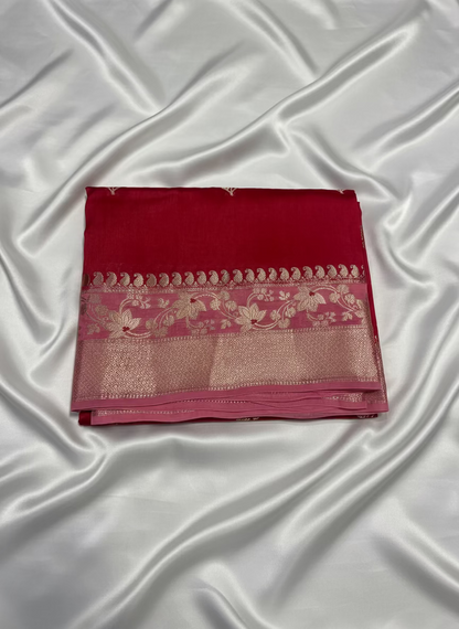 Red Pure Chiniya Silk with Silver Floral Pattern with Contrast Border - Traditional Wear
