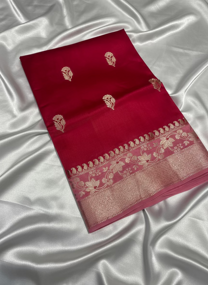 Red Pure Chiniya Silk with Silver Floral Pattern with Contrast Border - Traditional Wear