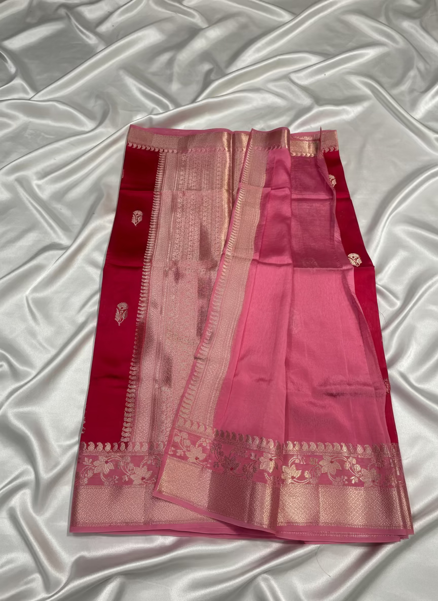 Red Pure Chiniya Silk with Silver Floral Pattern with Contrast Border - Traditional Wear