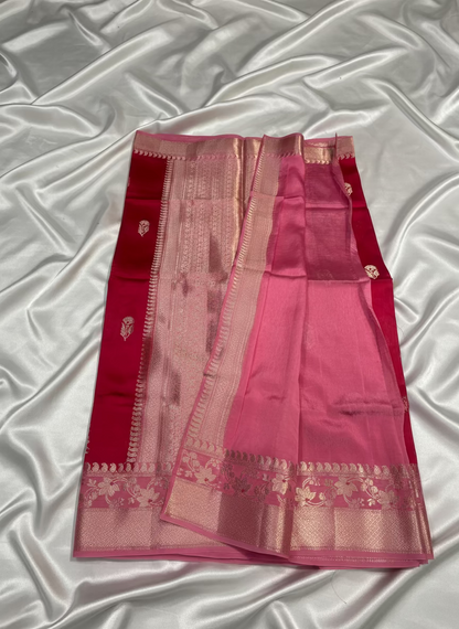 Red Pure Chiniya Silk with Silver Floral Pattern with Contrast Border - Traditional Wear
