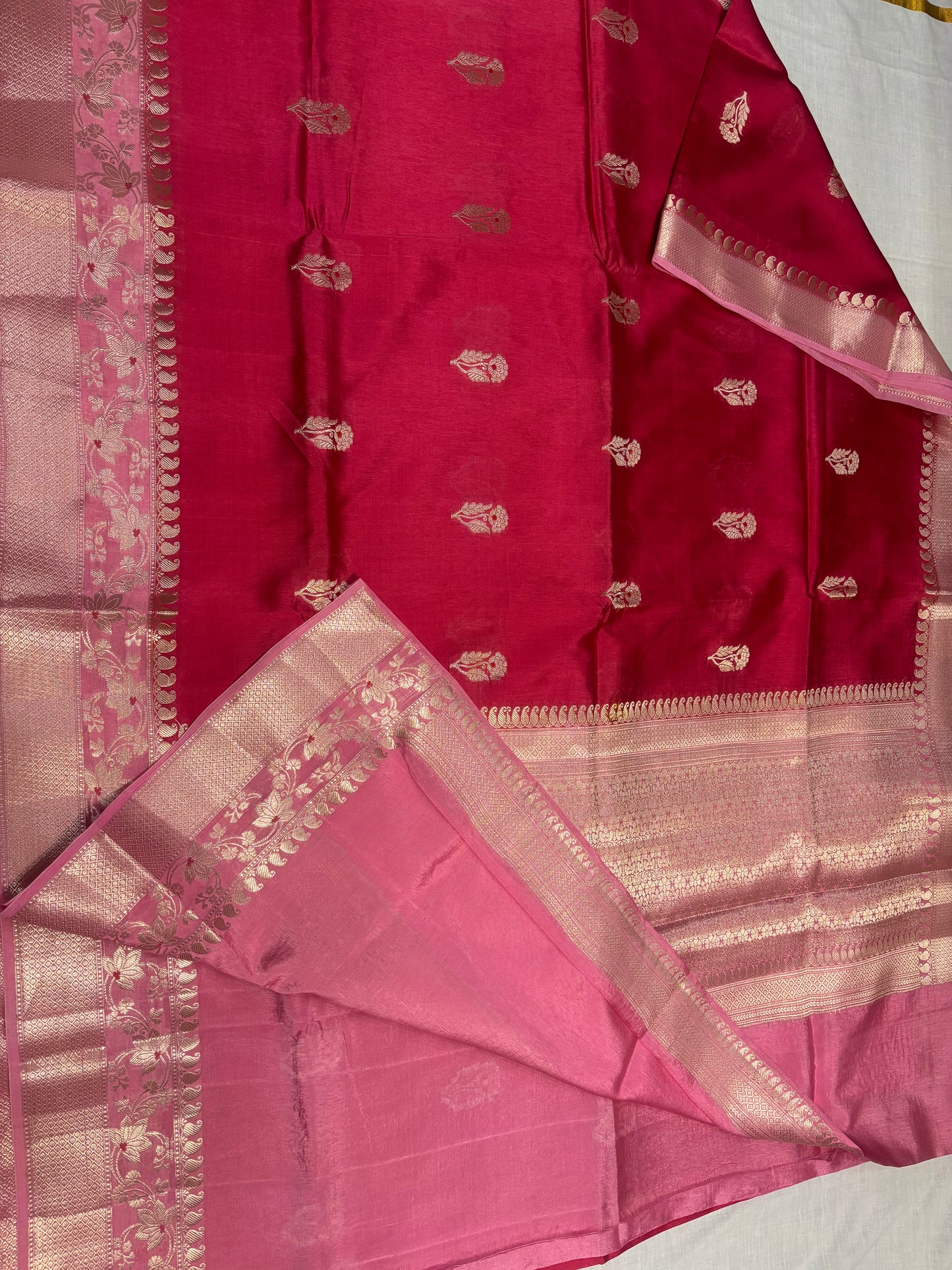 Red Pure Chiniya Silk with Silver Floral Pattern with Contrast Border - Traditional Wear