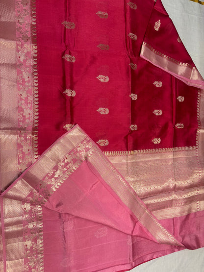 Red Pure Chiniya Silk with Silver Floral Pattern with Contrast Border - Traditional Wear