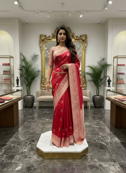 Red Pure Chiniya Silk with Silver Floral Pattern with Contrast Border - Traditional Wear