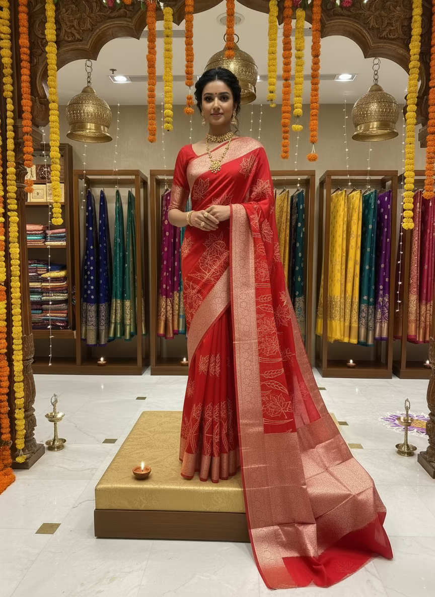 ಬನಾರಸಿ ಕೆಂಪು ಕೋರಾ ಆರ್ಗನ್ಜಾ ಸಿಲ್ಕ್ ಜೊತೆಗೆ ಅಪ್ಲಿಕ್ ಸ್ಫೂರ್ತಿ ಪಡೆದ ಕಸೂತಿ ಸೀರೆ - ಸಾಂಪ್ರದಾಯಿಕ ಉಡುಗೆ