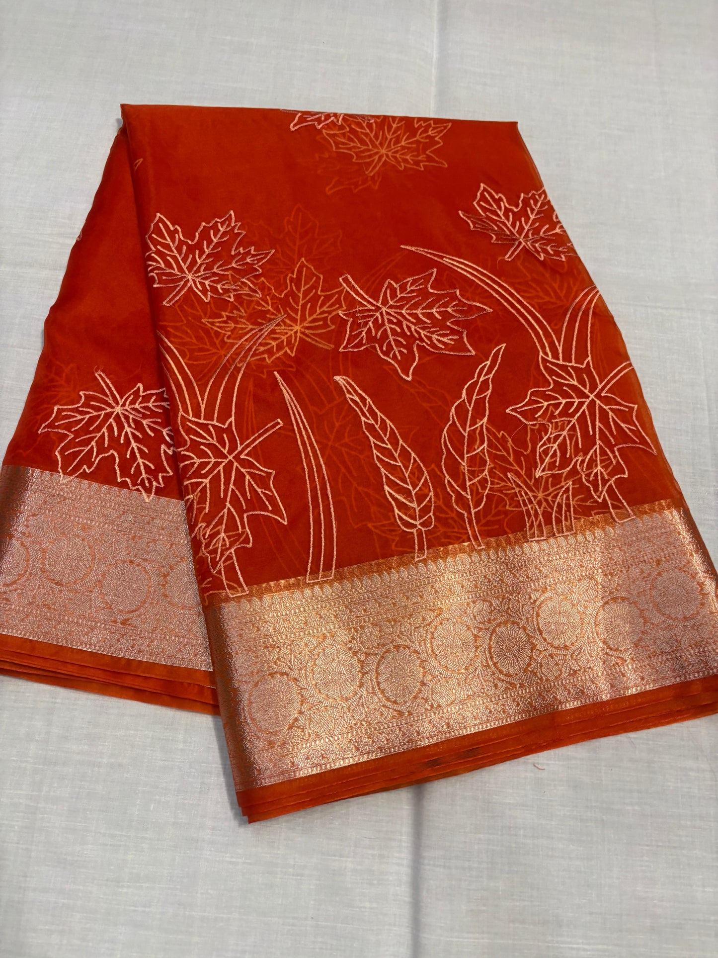 Banarasi Orange Kora Organza Silk with Appliqué Inspired Embroidery Saree - Traditional Wear
