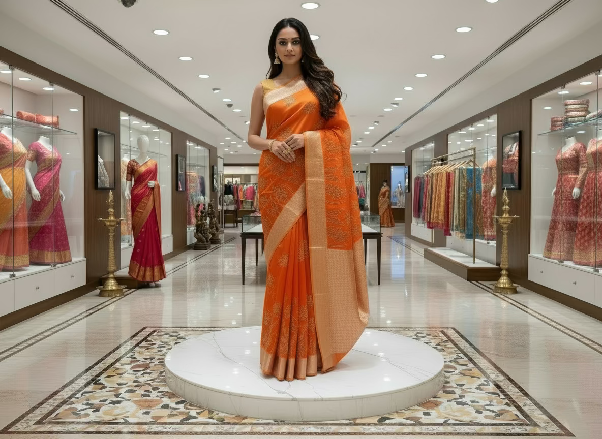 Banarasi Orange Kora Organza Silk with Appliqué Inspired Embroidery Saree - Traditional Wear