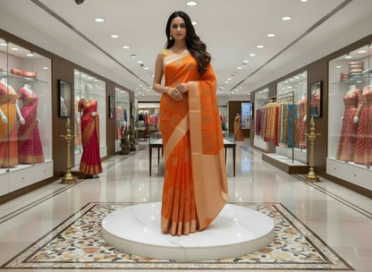 Banarasi Orange Kora Organza Silk with Appliqué Inspired Embroidery Saree - Traditional Wear