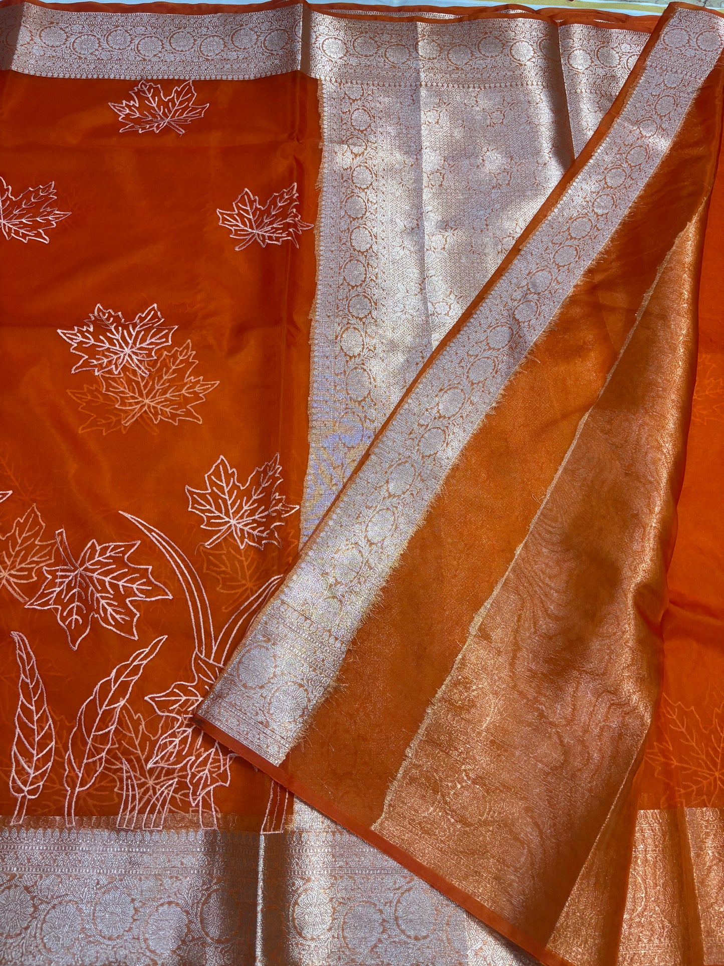 Banarasi Orange Kora Organza Silk with Appliqué Inspired Embroidery Saree - Traditional Wear
