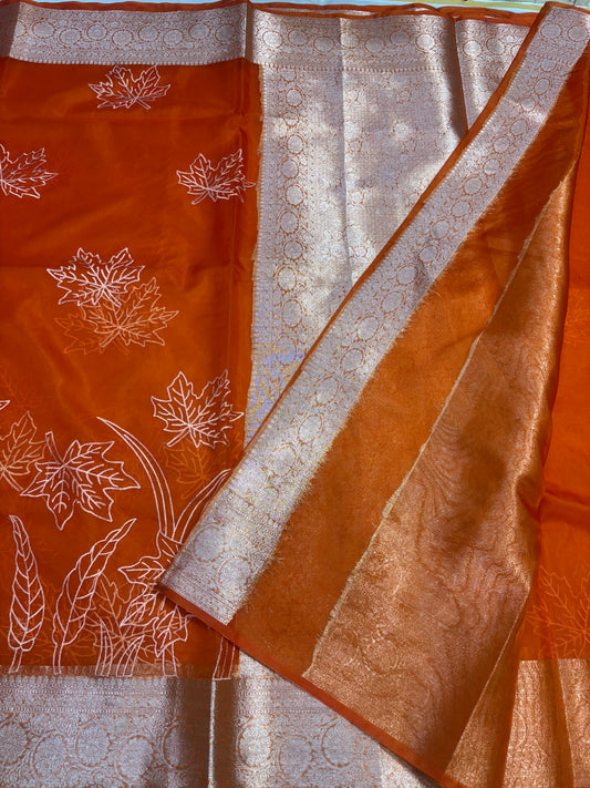 Banarasi Orange Kora Organza Silk with Appliqué Inspired Embroidery Saree - Traditional Wear
