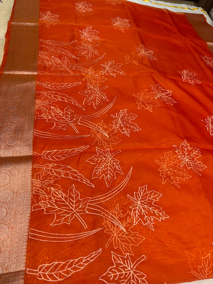 Banarasi Orange Kora Organza Silk with Appliqué Inspired Embroidery Saree - Traditional Wear