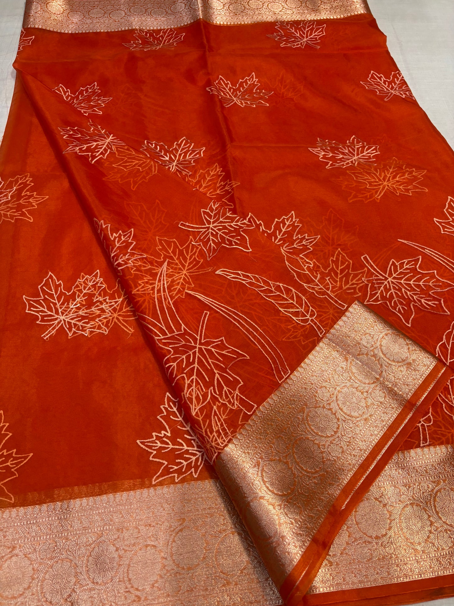 Banarasi Orange Kora Organza Silk with Appliqué Inspired Embroidery Saree - Traditional Wear