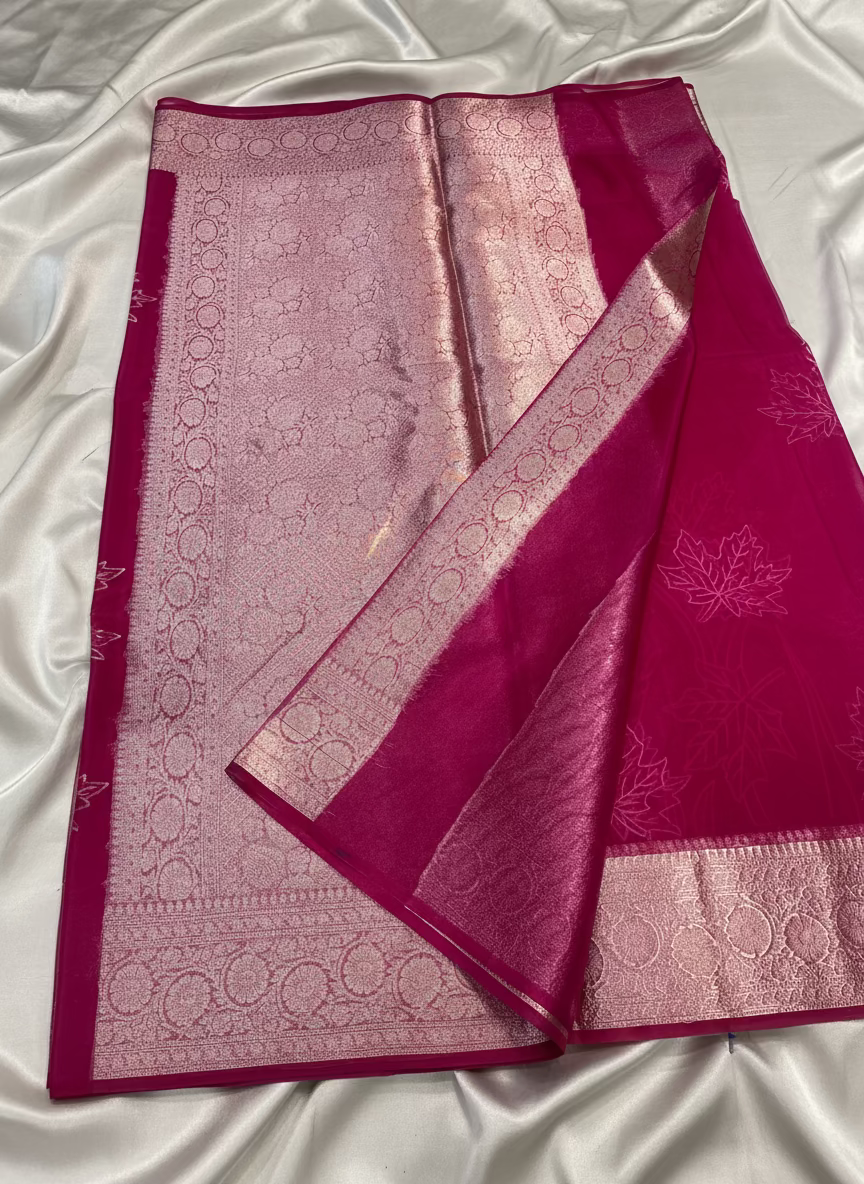Banarasi Magenta Kora Organza Silk with Appliqué Inspired Embroidery Saree - Traditional Wear