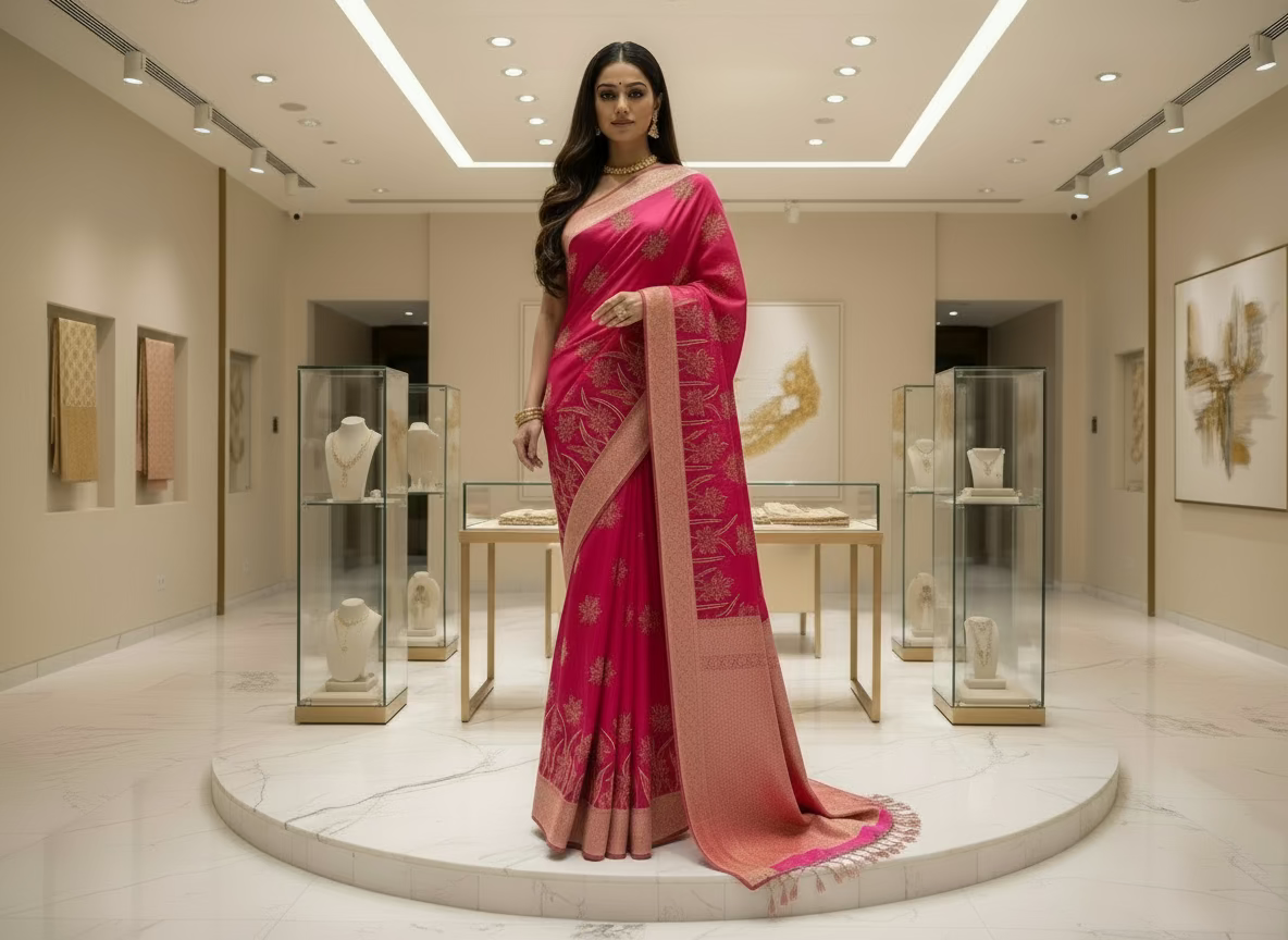 Banarasi Magenta Kora Organza Silk with Appliqué Inspired Embroidery Saree - Traditional Wear