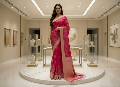 Banarasi Magenta Kora Organza Silk with Appliqué Inspired Embroidery Saree - Traditional Wear