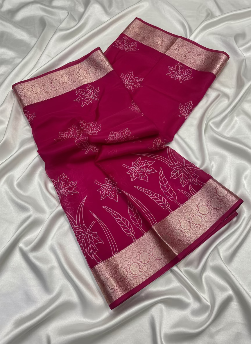 Banarasi Magenta Kora Organza Silk with Appliqué Inspired Embroidery Saree - Traditional Wear