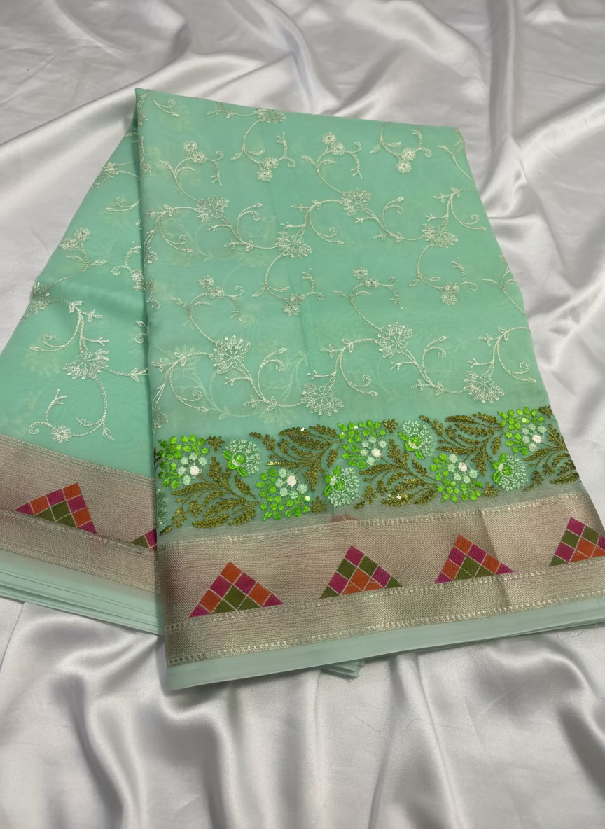 Banarasi Light Green Kora with Parsi Border Saree - Designer Party Wear