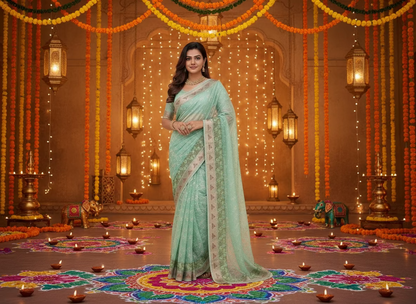 Banarasi Light Green Kora with Parsi Border Saree - Designer Party Wear