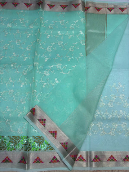 Banarasi Light Green Kora with Parsi Border Saree - Designer Party Wear