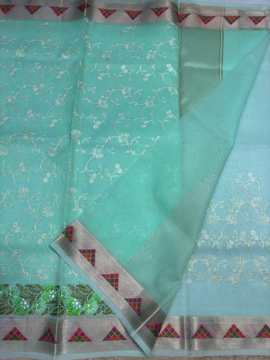 Banarasi Light Green Kora with Parsi Border Saree - Designer Party Wear