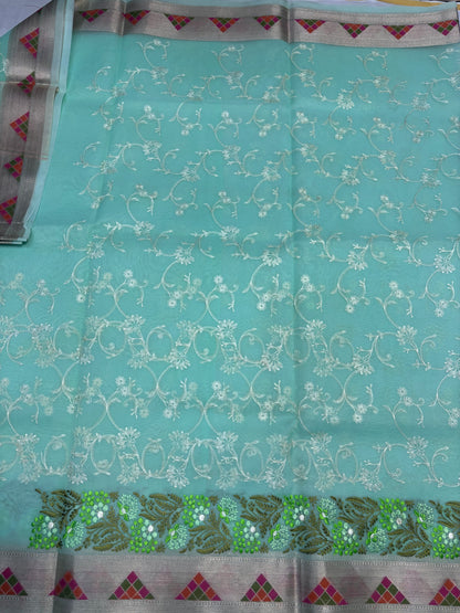 Banarasi Light Green Kora with Parsi Border Saree - Designer Party Wear