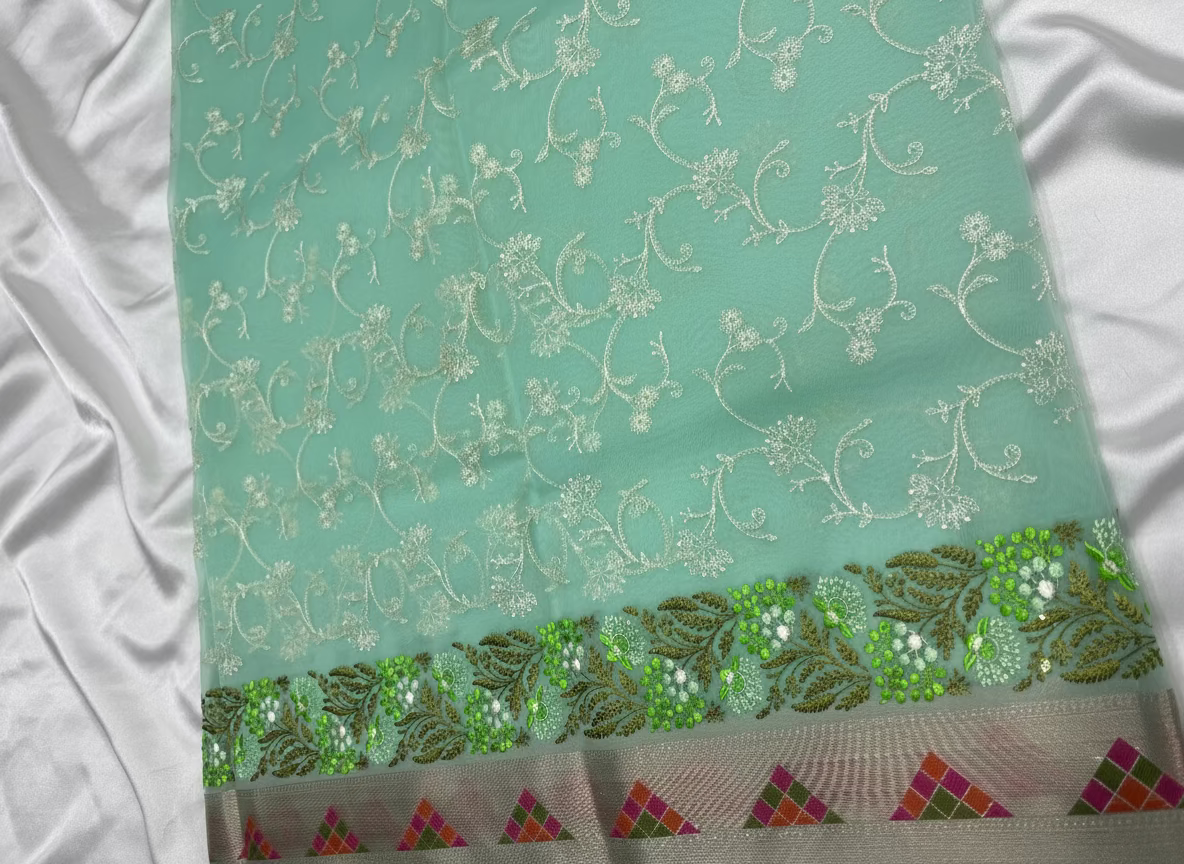 Banarasi Light Green Kora with Parsi Border Saree - Designer Party Wear