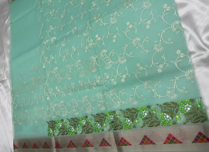 Banarasi Light Green Kora with Parsi Border Saree - Designer Party Wear