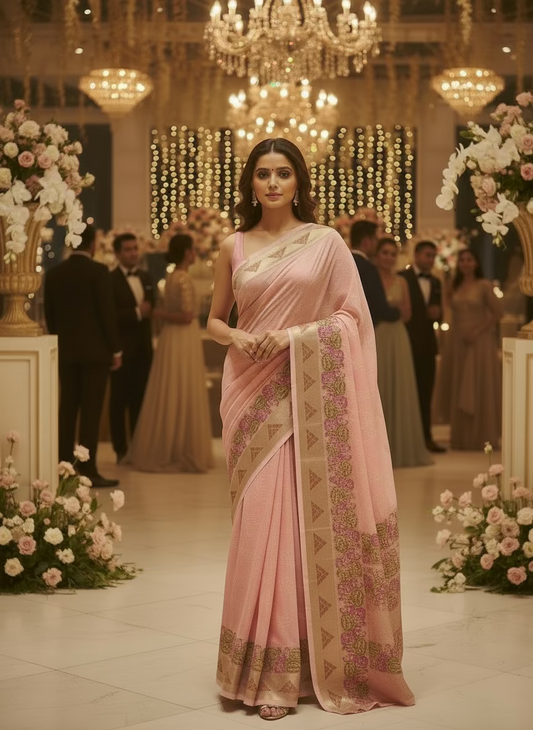 Banarasi Peach Kora Organza Silk with Parsi Border Saree - Designer Party Wear