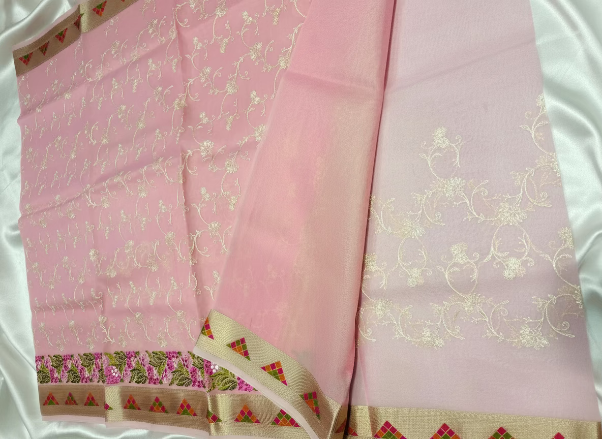 ಬನಾರಸಿ ಪೀಚ್ ಕೋರಾ ಆರ್ಗಾಂಜಾ ಸಿಲ್ಕ್ ಜೊತೆಗೆ ಪಾರ್ಸಿ ಬಾರ್ಡರ್ ಸೀರೆ - ಡಿಸೈನರ್ ಪಾರ್ಟಿ ವೇರ್